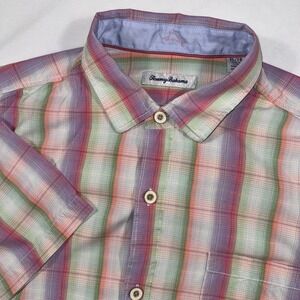 TOMMY BAHAMA Men's XL Ombre Isles Plaid 100% Silk Camp Shirt‎ Short Sleeve